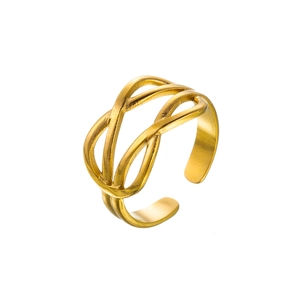Detail view of hollow woven golden stainless steel ring featuring a layered star design