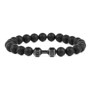 Black matte lava stone beaded bracelet with metal dumbbell charm featuring LIFT LIVE engraving