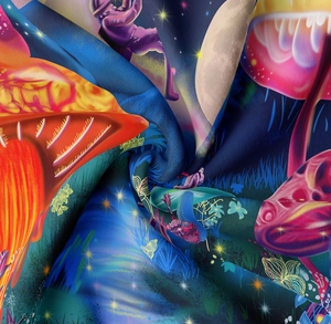 Macro shot of galaxy mushroom tapestry fabric showing smooth digital printing texture