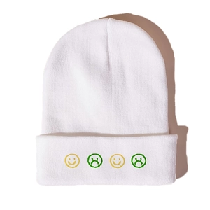 Detailed close-up of white knitted beanie featuring four embroidered emoji face patterns