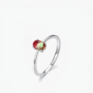 Minimalist 925 Sterling Silver Ring With Oval Gradient Zircon Faux Watermelon Tourmaline Jewelry For Women