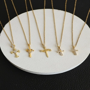 Set of five gold stainless steel necklaces featuring micro-inlaid zircon cross pendants