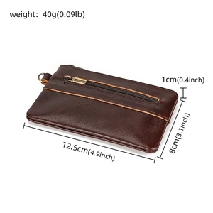 Detailed view of dark brown cowhide wallet dimensions 12.5x8x1cm with bronze zipper