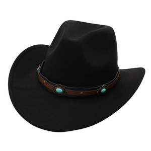 Western Cowboy Hat Wool Felt Wide Brim Sun Protection Ethnic Style Turquoise Leather Band Vintage Fedora For Men Women