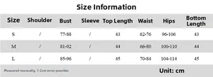 Detailed size chart for women's one-shoulder top and skirt set in S, M, L sizes