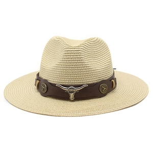 Vintage beige straw cowboy hat with leather band and silver bull head metal ornament