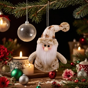 Plush Christmas gnome ornament with knitted hat hanging on a pine branch with warm decor