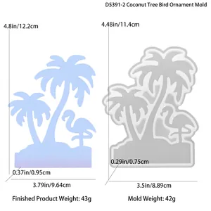 Coconut tree and flamingo silicone mold with detailed dimensions and finished resin product