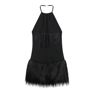 Elegantes schwarzes rückenfreies Neckholder-Minikleid mit Kunstpelzbesatz am Saum