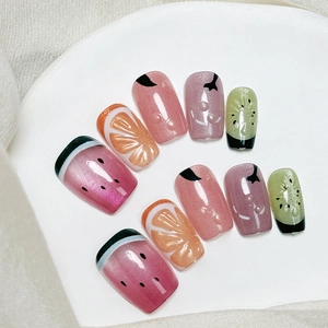 Handmade Press On Nails ABS Plastic 3D Fruit Patterns Watermelon Orange Kiwi Cat Eye Effect Glossy Style For Women