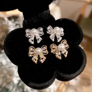 Bowknot Artificial Pearl Stud Earrings With 925 Sterling Silver Earring Post Zircon Copper French Retro Elegant Style For Women