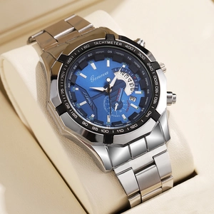 Detail of blue sunray dial chronograph watch with silver stainless steel strap