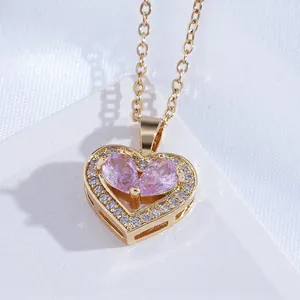 Elegant 18K gold plated titanium necklace with pink heart zircon pendant for women