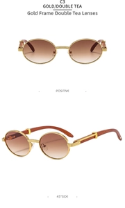 Detail of vintage oval sunglasses with wood grain temples and gradient brown lenses