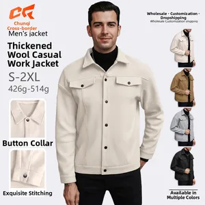 Detailed view of men's lapel work jacket with button design and size specifications