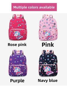 Detail view of unicorn backpacks in rose pink, pink, purple, and navy blue options