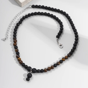 Men's hip hop necklace with black volcanic rock and brown tiger eye stone beads