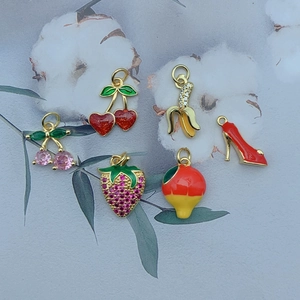 Golden fruit charms with colorful enamel and zircon crystals for DIY jewelry making