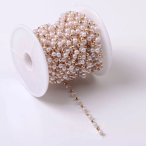 One meter cream pearl and gold metal bead chain on a roll for DIY jewelry making