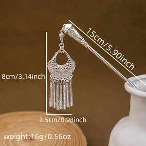 Detailed dimensions of silver hollow tassel hairpin with waterdrop pendant on vase