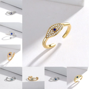 Evil Eye Adjustable Open Ring Copper Gold Plated Cubic Zirconia Blue Nazar Jewelry For Women Bohemian Style
