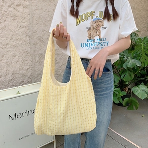 Minimalist yellow checkered canvas tote bag with large capacity for casual school style