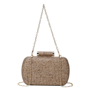 Detail of champagne gold woven evening clutch bag with metallic chain and clasp