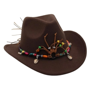 Detailed view of brown Western cowboy hat with ethnic beads and shells decoration