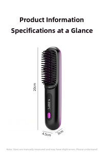 Detail view of cordless hair straightener brush with LCD 200°C display and 20cm size