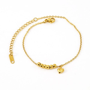 Elegant 18K gold-plated stainless steel double-layered anklet with heart pendant and beads