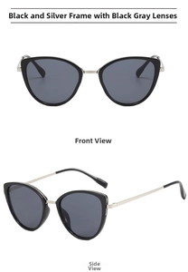 Front and side views of black and silver cat-eye sunglasses with dark grey lenses