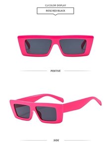 Front and side views of trendy rose red rectangular sunglasses with dark gray lenses