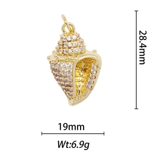 Macro shot of 18k gold plated conch pendant with cubic zirconia inlay and dimensions