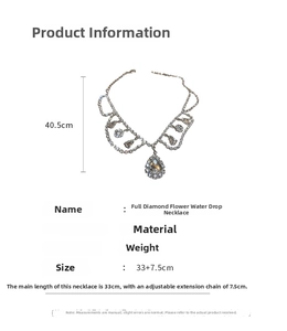 Detailed size specifications for rhinestone water drop choker showing length and weight