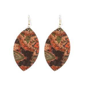 Retro leaf drop earrings with colorful bohemian floral prints on cork and gold hooks