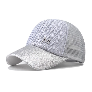 Stylish sequin lace mesh baseball cap with silver glitter brim and metallic M logo detail