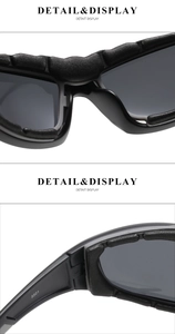 Detail of polarized sports sunglasses showing protective foam padding and sturdy hinge