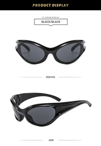 Front and side views of Y2K futuristic wrap-around sports sunglasses in glossy black finish