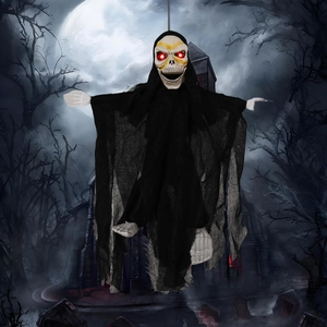 Fantasma colgante aterrador con ojos rojos brillantes y calavera para decorar Halloween
