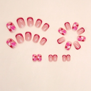 Short square pink heart French press-on nails set with red tips and sweet patterns