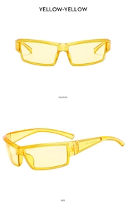 Macro detail of translucent yellow rectangular sunglasses showing positive and side views