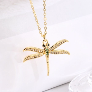 18K gold plated dragonfly necklace featuring sparkling clear and green zircon stones
