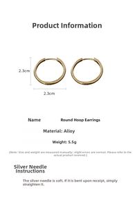 Detail specifications of golden round hoop earrings with alloy and silver pin materials