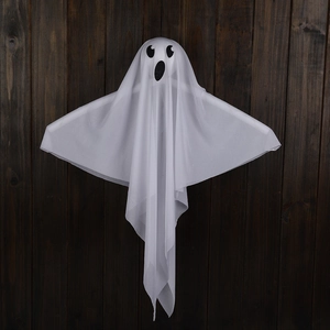 Hanging glowing white ghost decoration for Halloween prop with black eyes and mouth