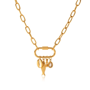 Collier chaîne trombone plaqué or 18k avec pendentifs coquillage, poisson et cristal