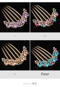 Detailed view of four colorful rhinestone hair combs with five-tooth gold alloy base