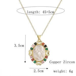 Detailed size specifications for Virgin Mary pendant with colored cubic zirconia stones