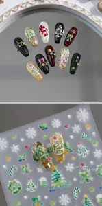 Detail of Christmas nail art stickers featuring green and red trees, snowflakes and bows