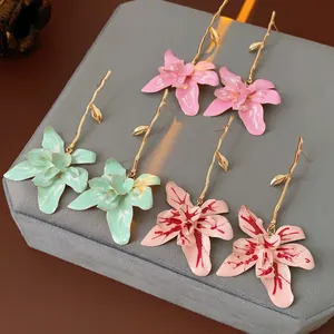 Flower Drop Earrings For Women Alloy Enamel Floral Long Branch Design With Silver Earring Post Retro Style
