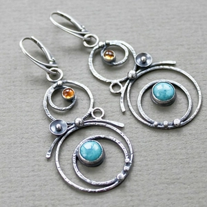 Boucles D'oreilles Bohèmes Vintage Cercle Creux Avec Pierre Turquoise Et Ambre Couleur Argent Antique Bijoux Pour Femmes